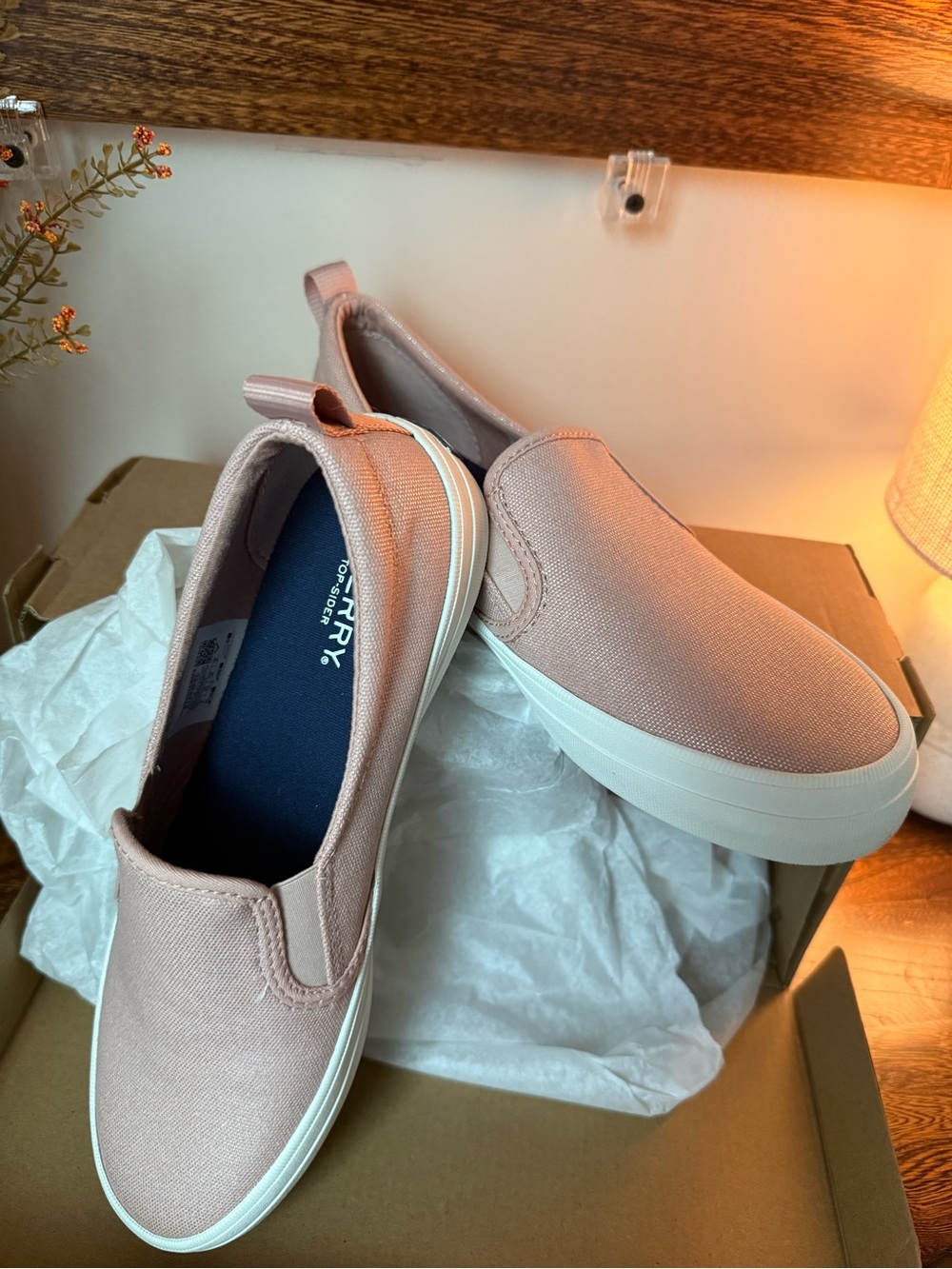 Sperry Slip-On Canvas Sneakers in Blush Pink and White